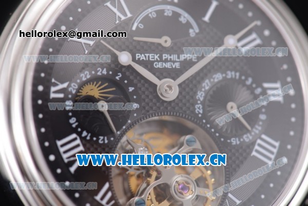 Patek Philippe Grand Complication Swiss Tourbillon Automatic Steel Case with Black Dial Black Leather Strap and Roman Numeral Markers - Click Image to Close